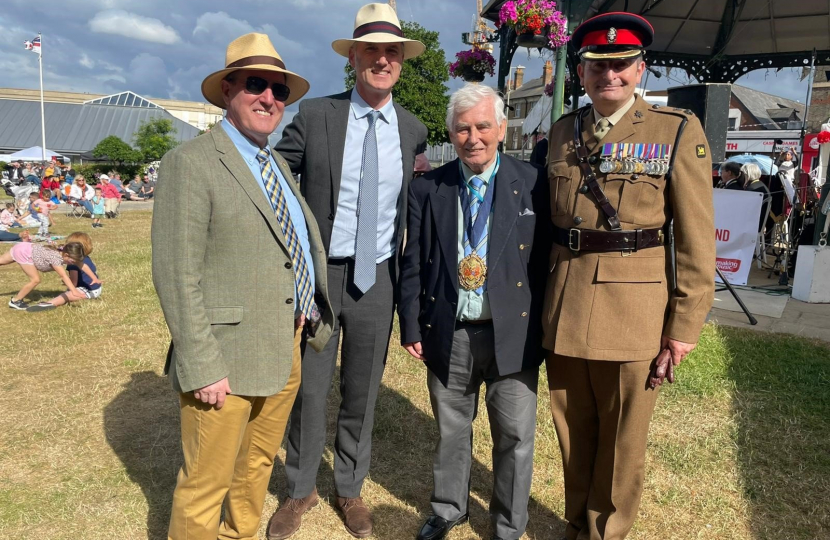 Leo Docherty with Cllr David Clifford, Mayor John Marsh, Lt. Col. Nick Burley